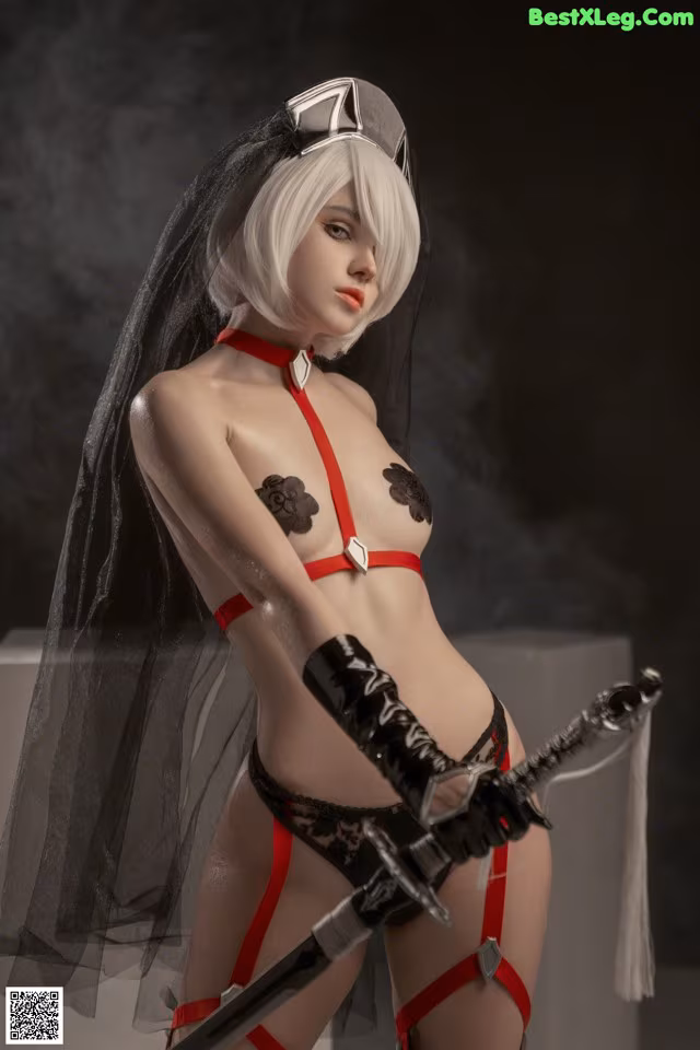 A woman in a black and red lingerie holding a sword.