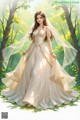 A woman in a wedding dress standing in the woods.