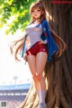 A girl in a blue jacket and red shorts leaning against a tree.