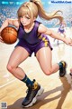 A woman in a purple uniform dribbling a basketball on a court.